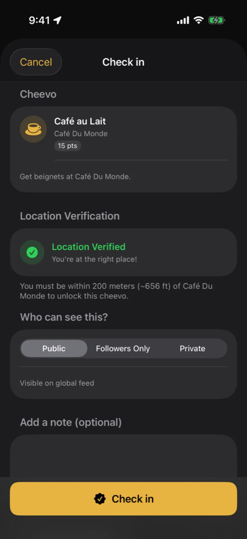 Cheevo check-in screen confirming the user is at the place