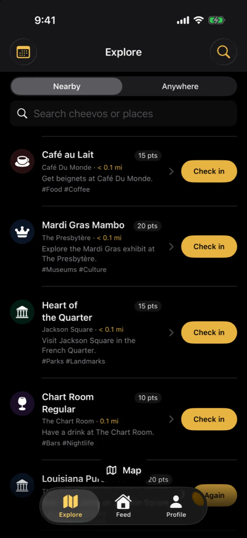 Cheevo Explore tab listing nearby cheevos in New Orleans