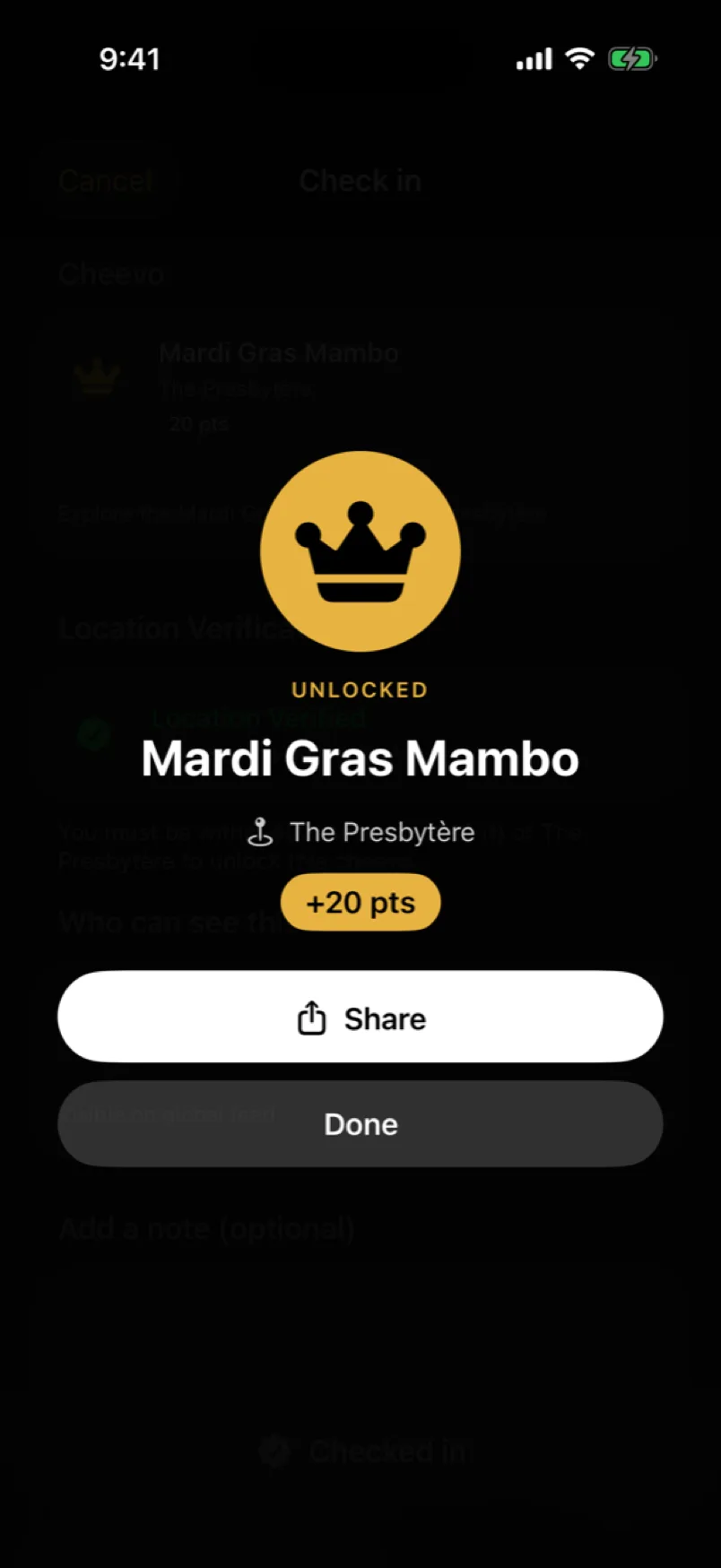 Cheevo unlocked screen for Mardi Gras Mambo showing the points earned